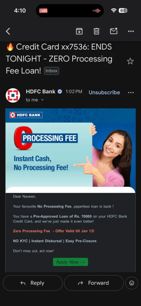 70000 HDFC Credit Card loan Screenshot 